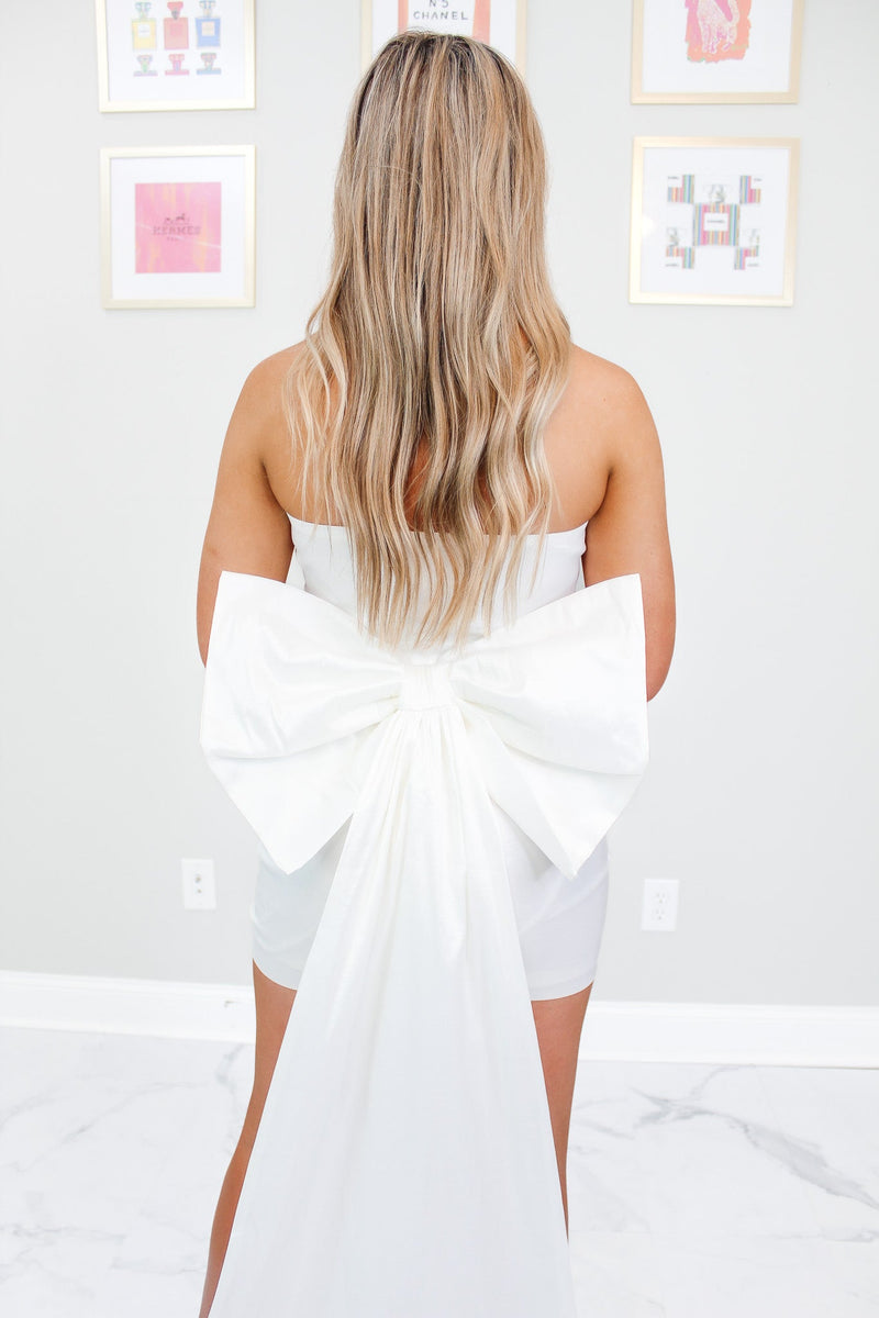 White Strapless Bow Train Mini Dress