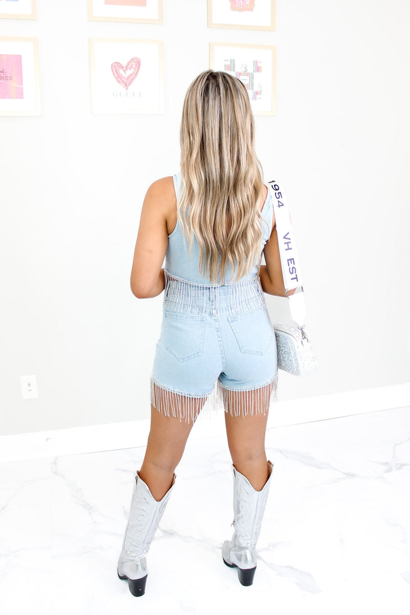 Light Denim Rhinestone Fringe Tank Top