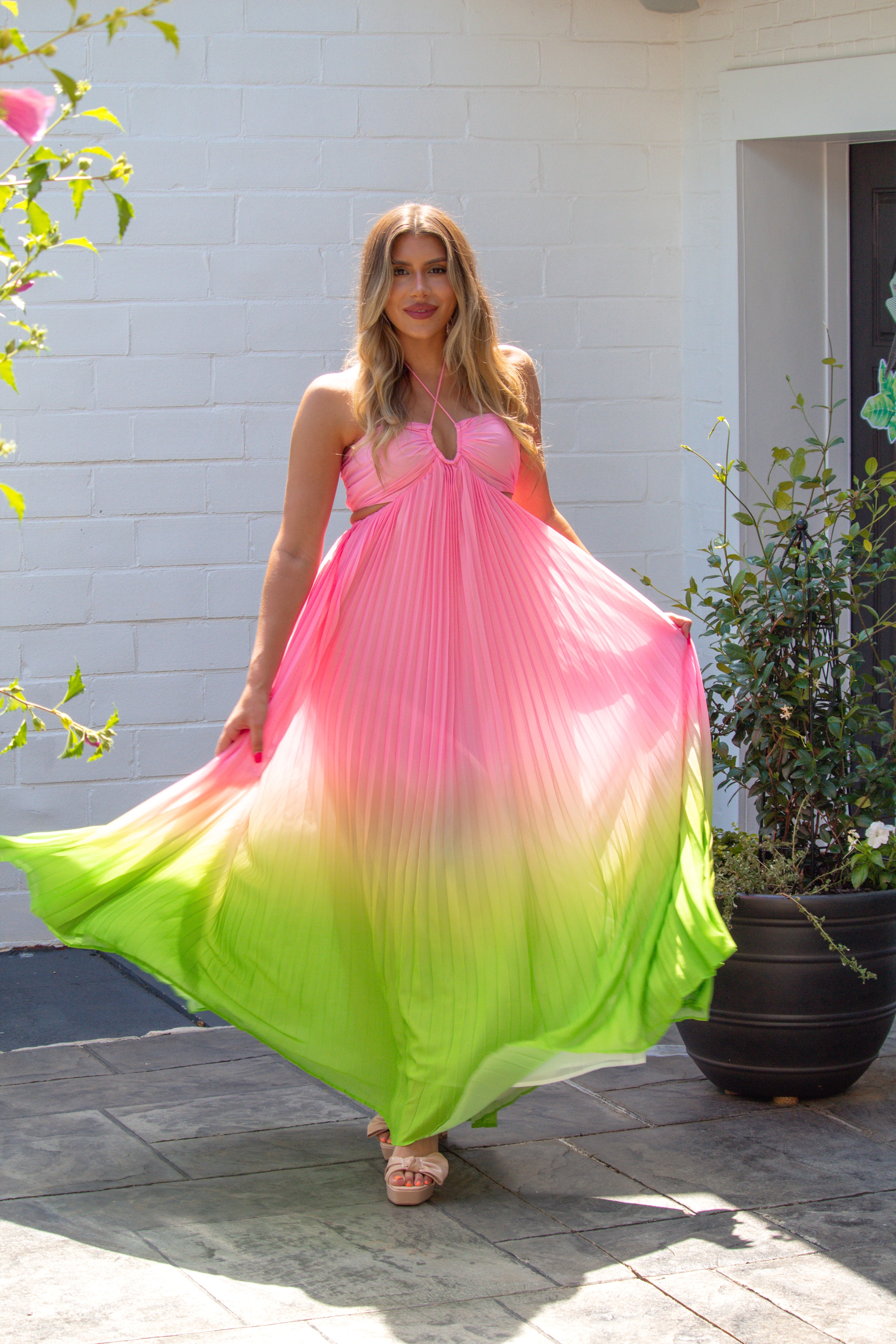Pink and Green Ombre Pleated Halter Maxi Dress Pink and Green Ombre Pleated Halter Maxi Dress