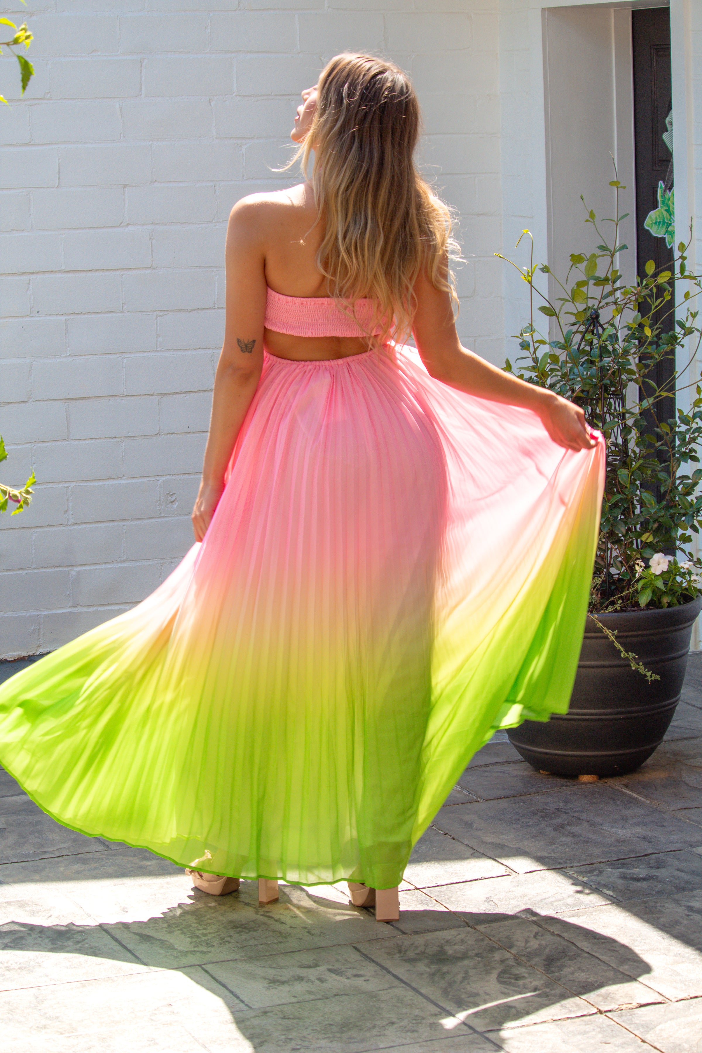 Pink and Green Ombre Pleated Halter Maxi Dress Pink and Green Ombre Pleated Halter Maxi Dress