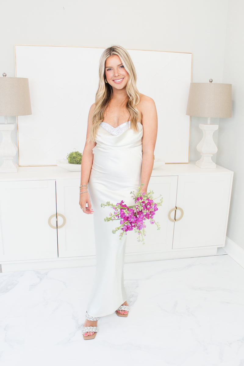 Rhinestone Bust Open Cowl back Maxi Dress In Ivory