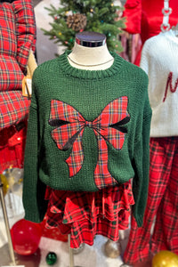 Green Knit Sweater With Plaid Bow