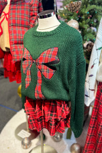 Green Knit Sweater With Plaid Bow