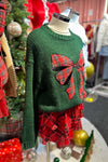 Green Knit Sweater With Plaid Bow