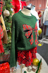Green Knit Sweater With Plaid Bow