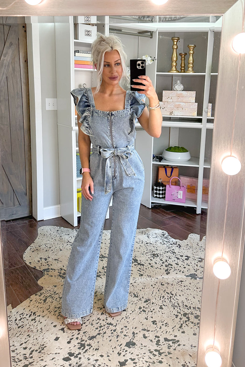 Denim Ruffle Detail Front Zip Jumpsuit