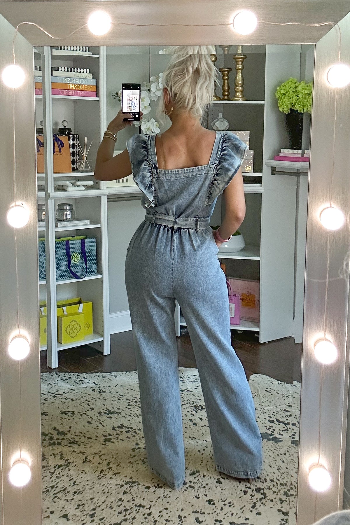 Denim Ruffle Detail Front Zip Jumpsuit