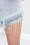 Distressed Denim Rhinestone Fringe Shorts - Kendry Collection