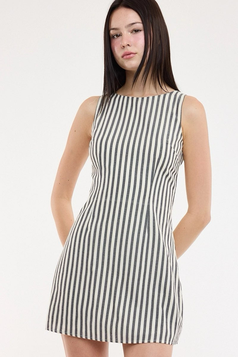 Black and White Boatneck Mini Dress - Kendry Collection Boutique