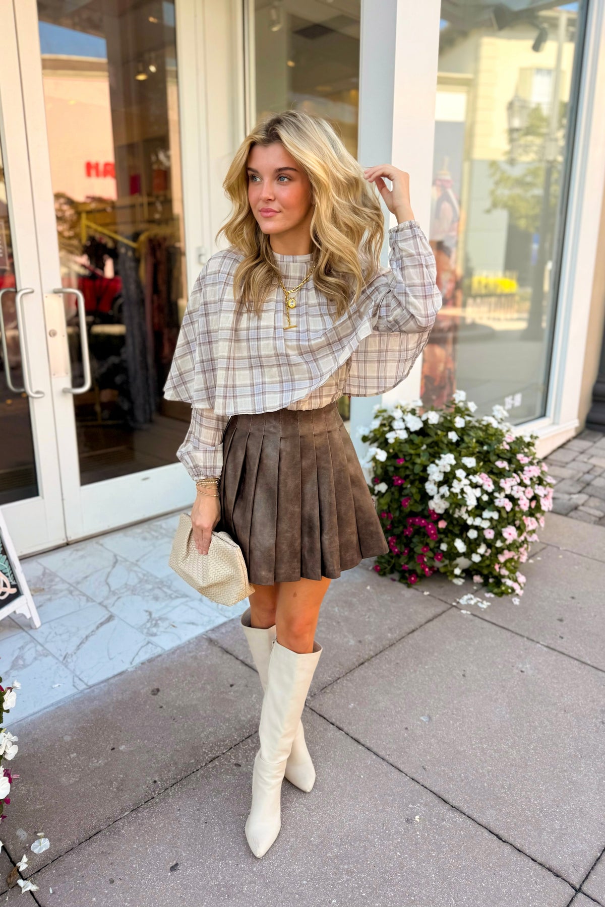 Plaid Mock Neck Cape Overlay Blouse