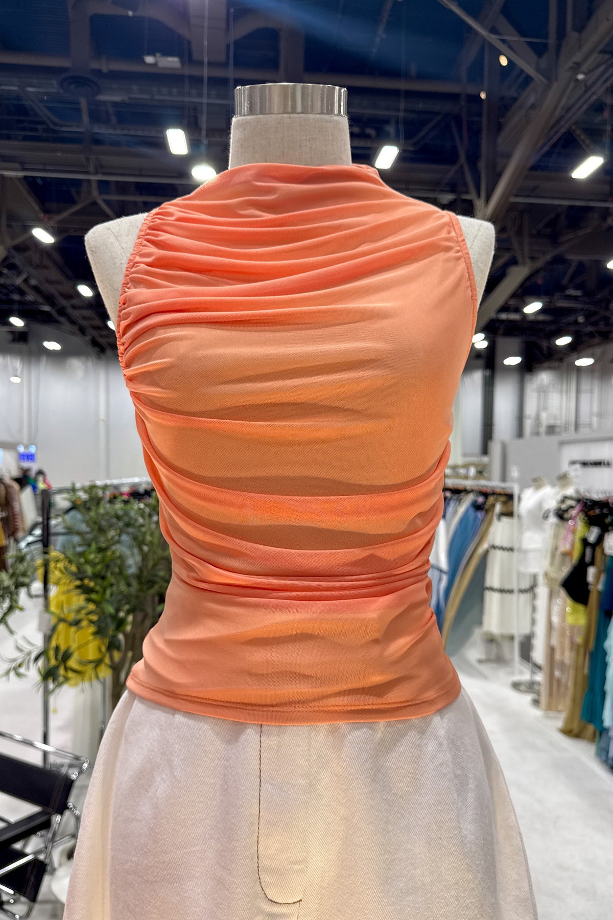 Ruched Mesh Mock Neck Top - Coral Pink