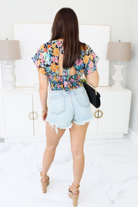 Floral Multi Color Cut Out Tie Top