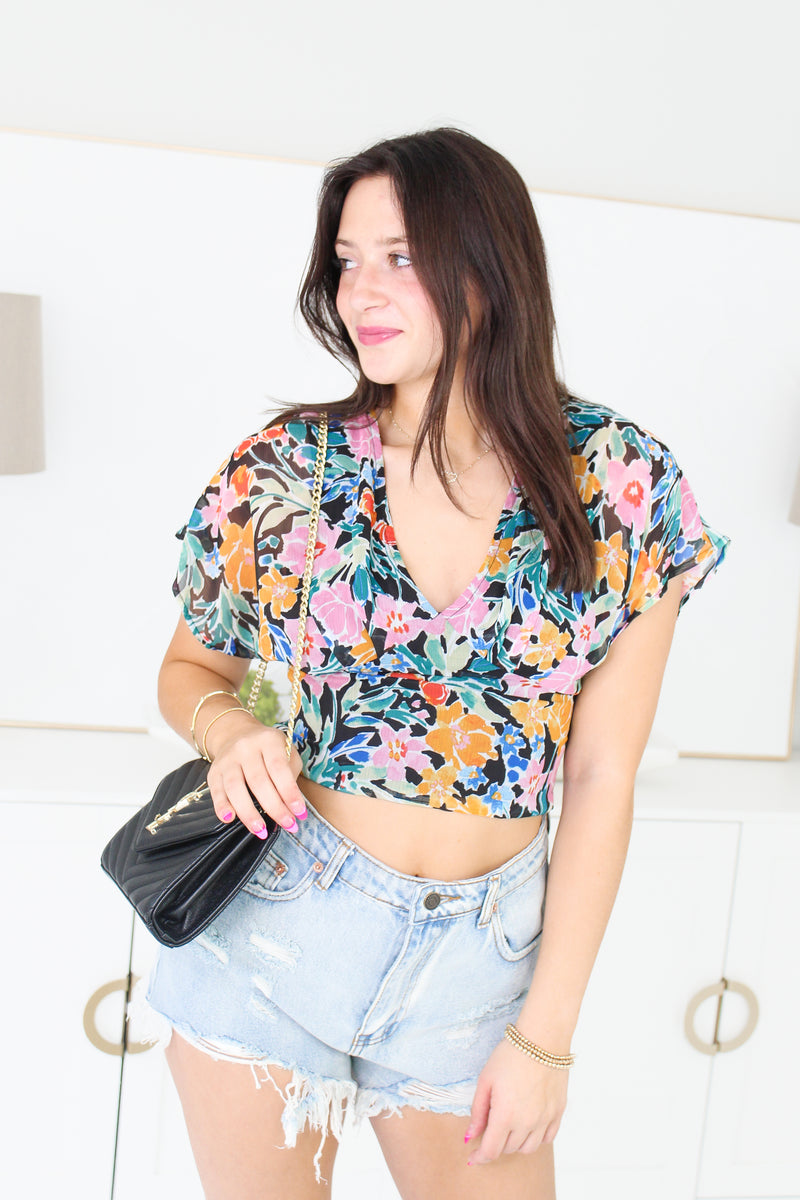 Floral Multi Color Cut Out Tie Top