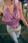Fuchsia Pink Cowl Neck Backless Metal Halter Top