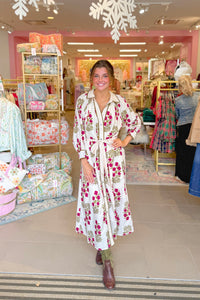 Cream Button Up Floral Print Midi Dress