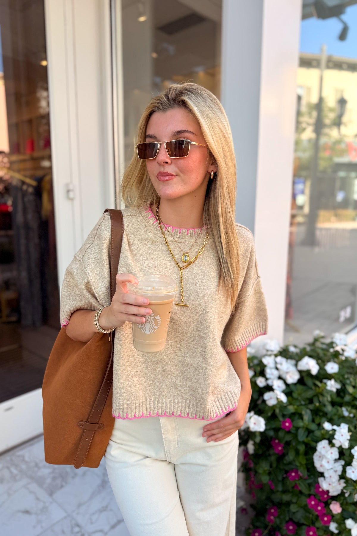 Oatmeal and Pink Stitch Mock Neck Sweater