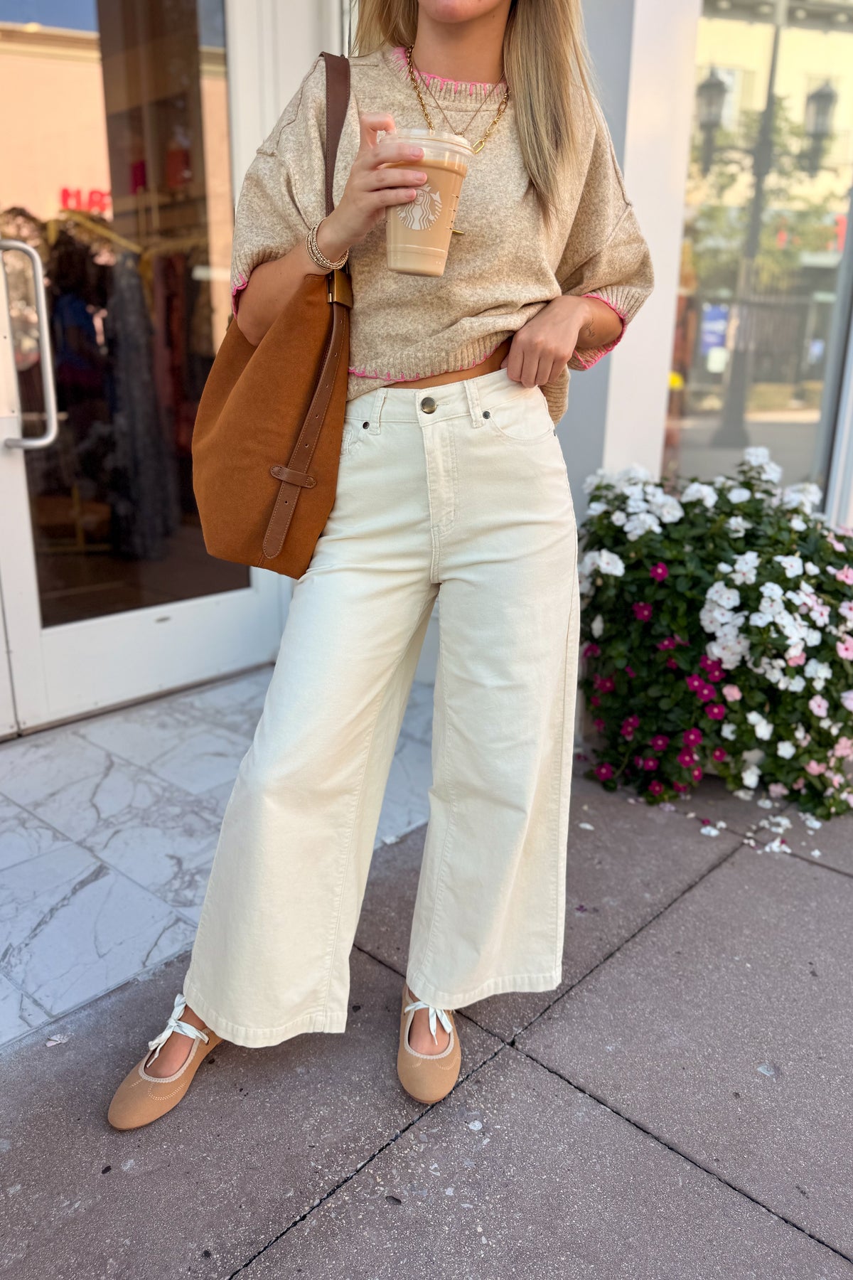 Off White Stretchy Wide Leg Jeans