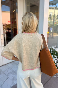 Oatmeal and Pink Stitch Mock Neck Sweater