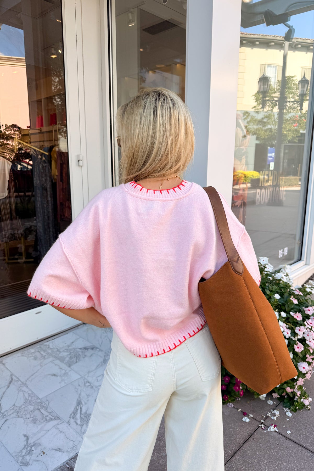 Pink and Orange Stitch Mock Neck Sweater