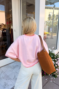 Pink and Orange Stitch Mock Neck Sweater