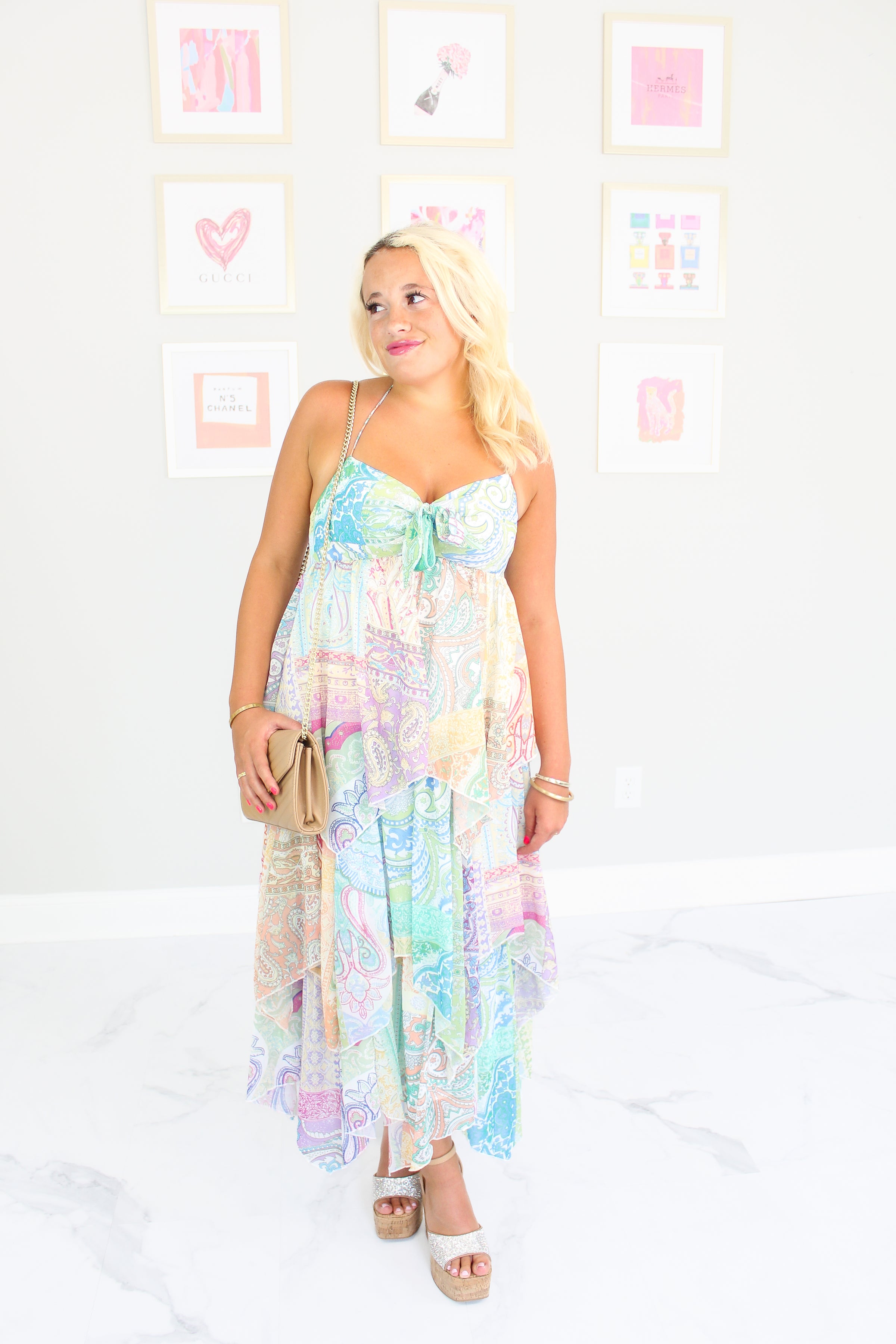 tiered halter dress ASTR the Label | Adamaris Floral Ruffle Maxi in Blue Floral Featuring a vibrant floral print set against a serene blue backdrop Susanna Tiered Halter Maxi Dress