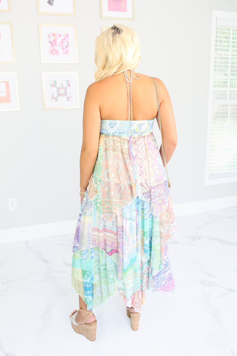 Paisley Print Ruffle Tiered Halter Neck Dress