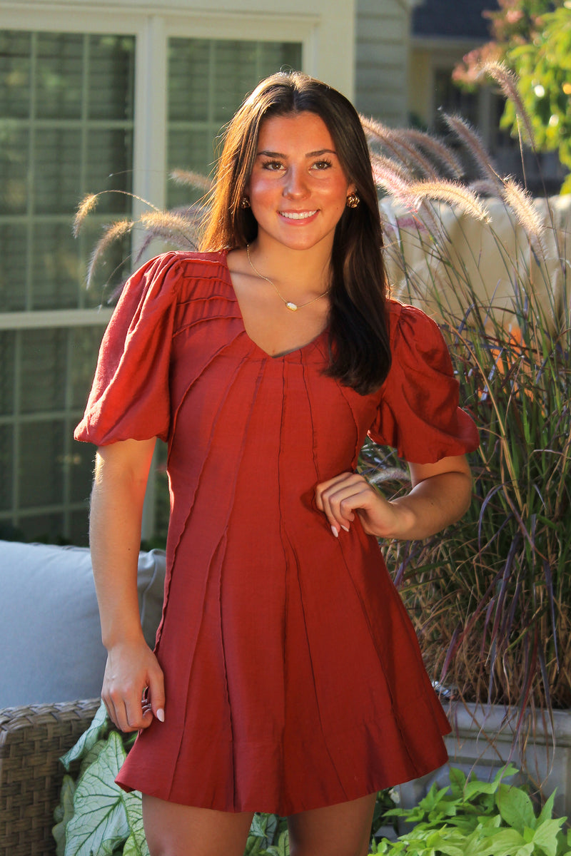 Brick Red Exposed Seam Mini Dress