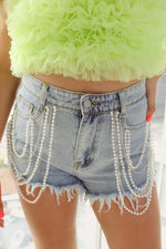Distressed Pearl Chain Denim Shorts