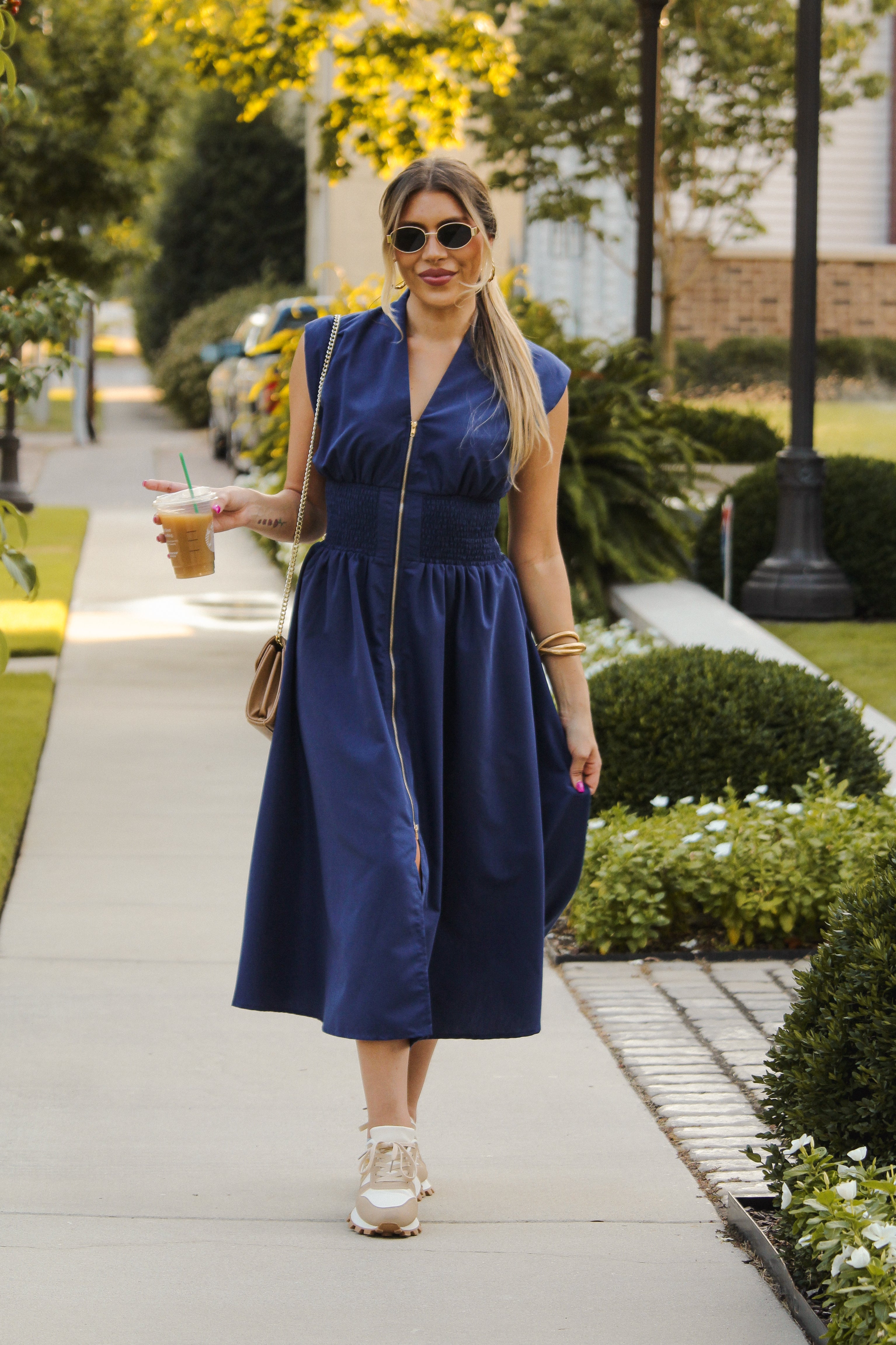 Navy Blue Sleeveless Front Zip Midi Dress - Kendry Boutique