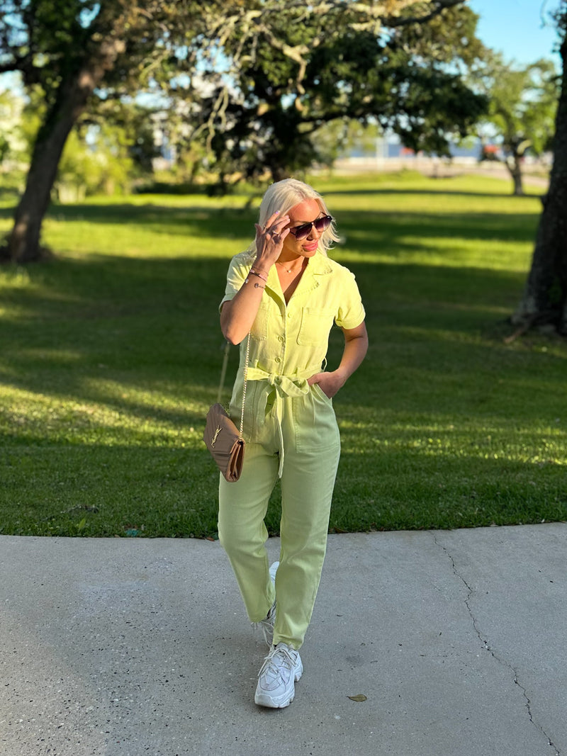 Lime Green Denim Utility Jumpsuit