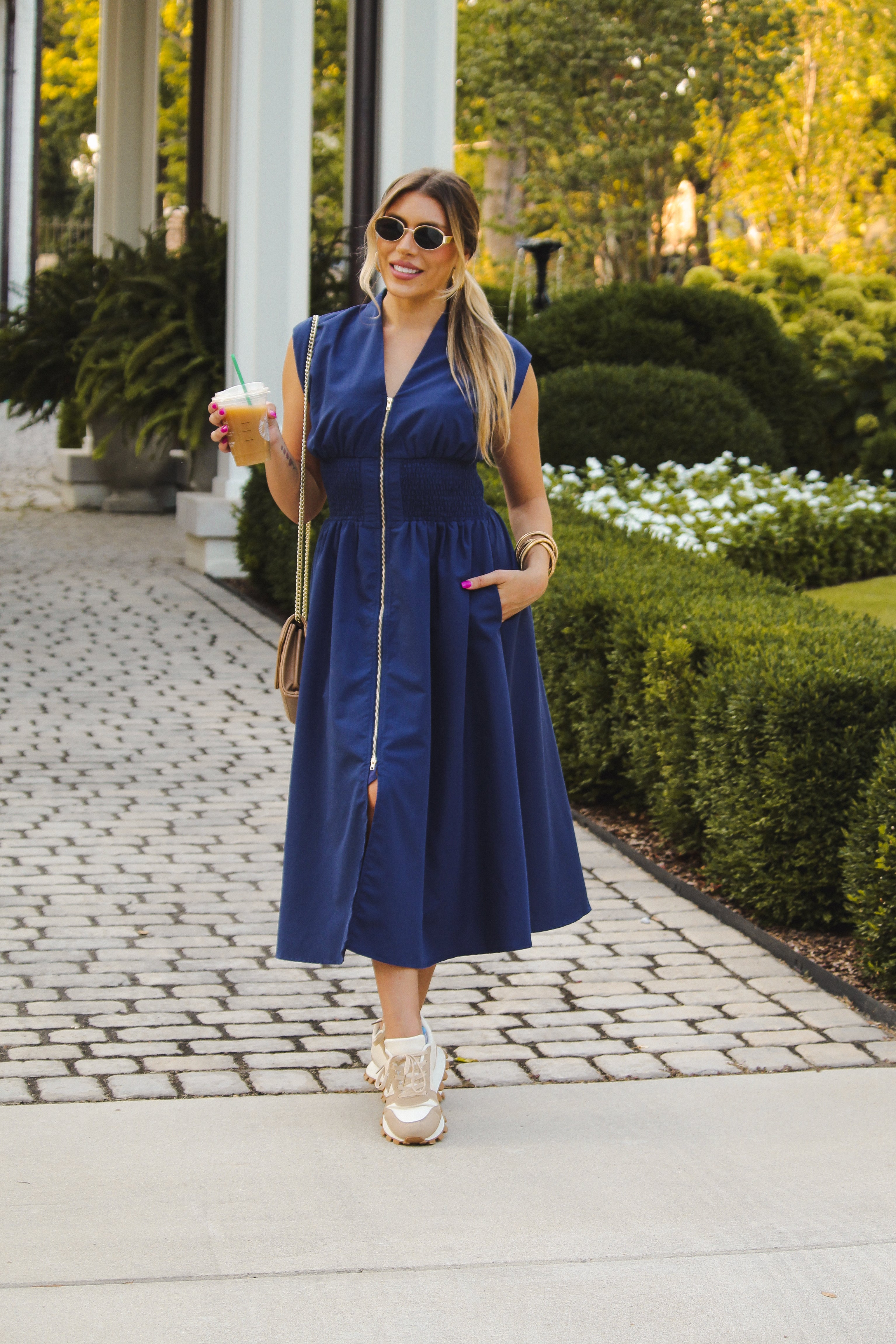 Navy Blue Sleeveless Front Zip Midi Dress - Kendry Boutique