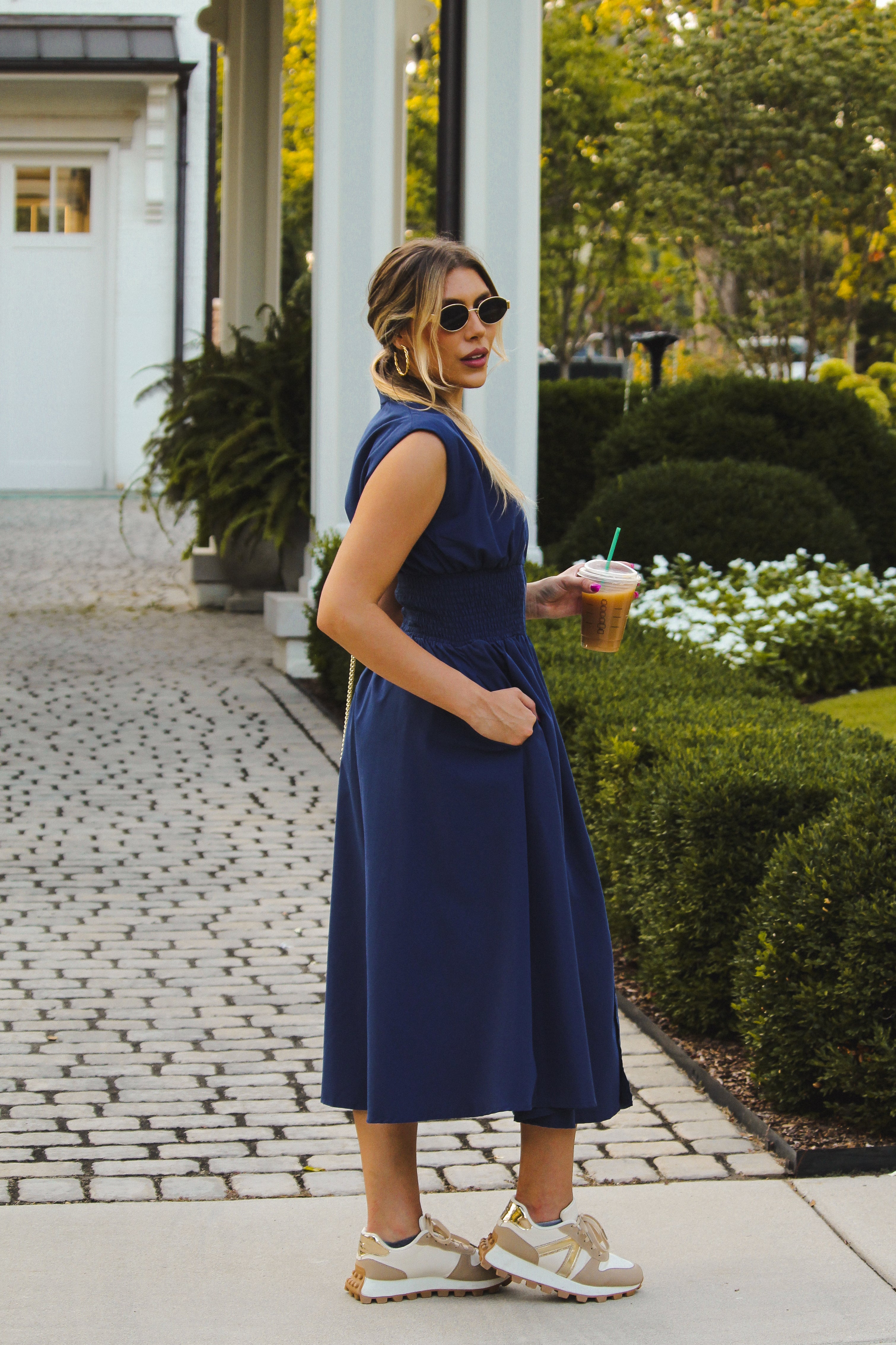 Navy Blue Sleeveless Front Zip Midi Dress - Kendry Boutique