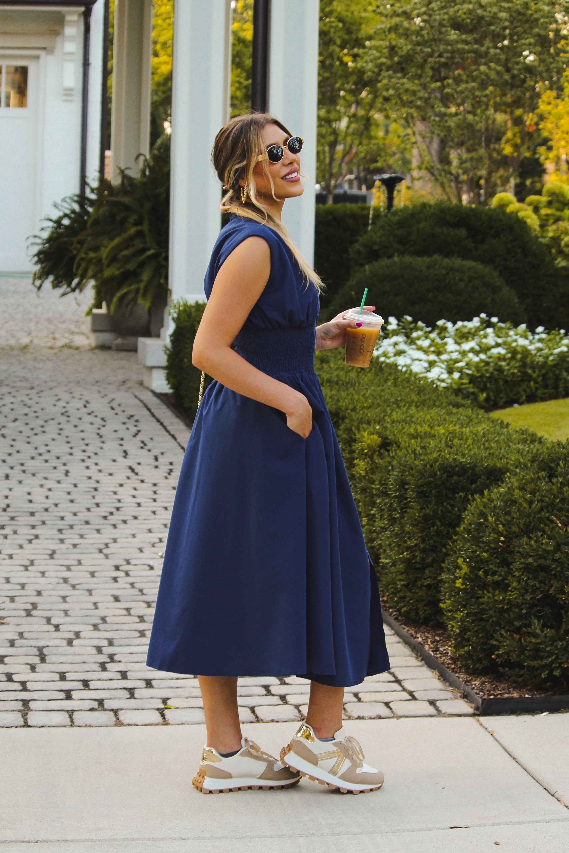 Navy Blue Sleeveless Front Zip Midi Dress Navy Blue Sleeveless Front Zip Midi Dress