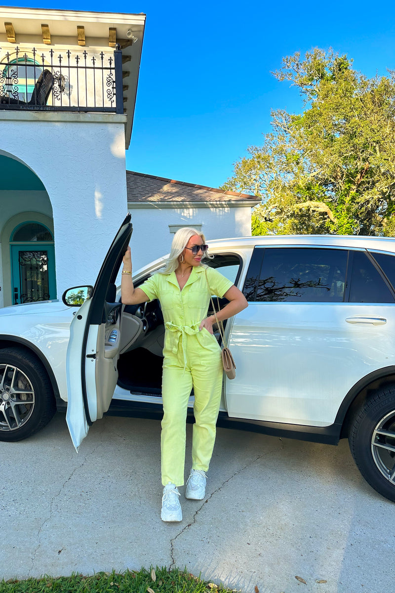 Lime Green Denim Utility Jumpsuit