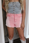 Pink Color Block Rhinestone Denim Shorts