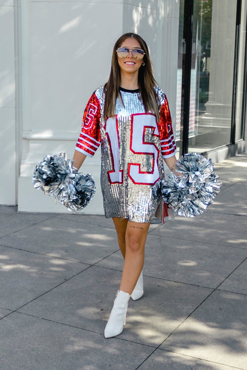 Red Jersey Number Sequin T-Shirt Dress