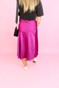 Magenta Pink Satin Midi Skirt With Slit