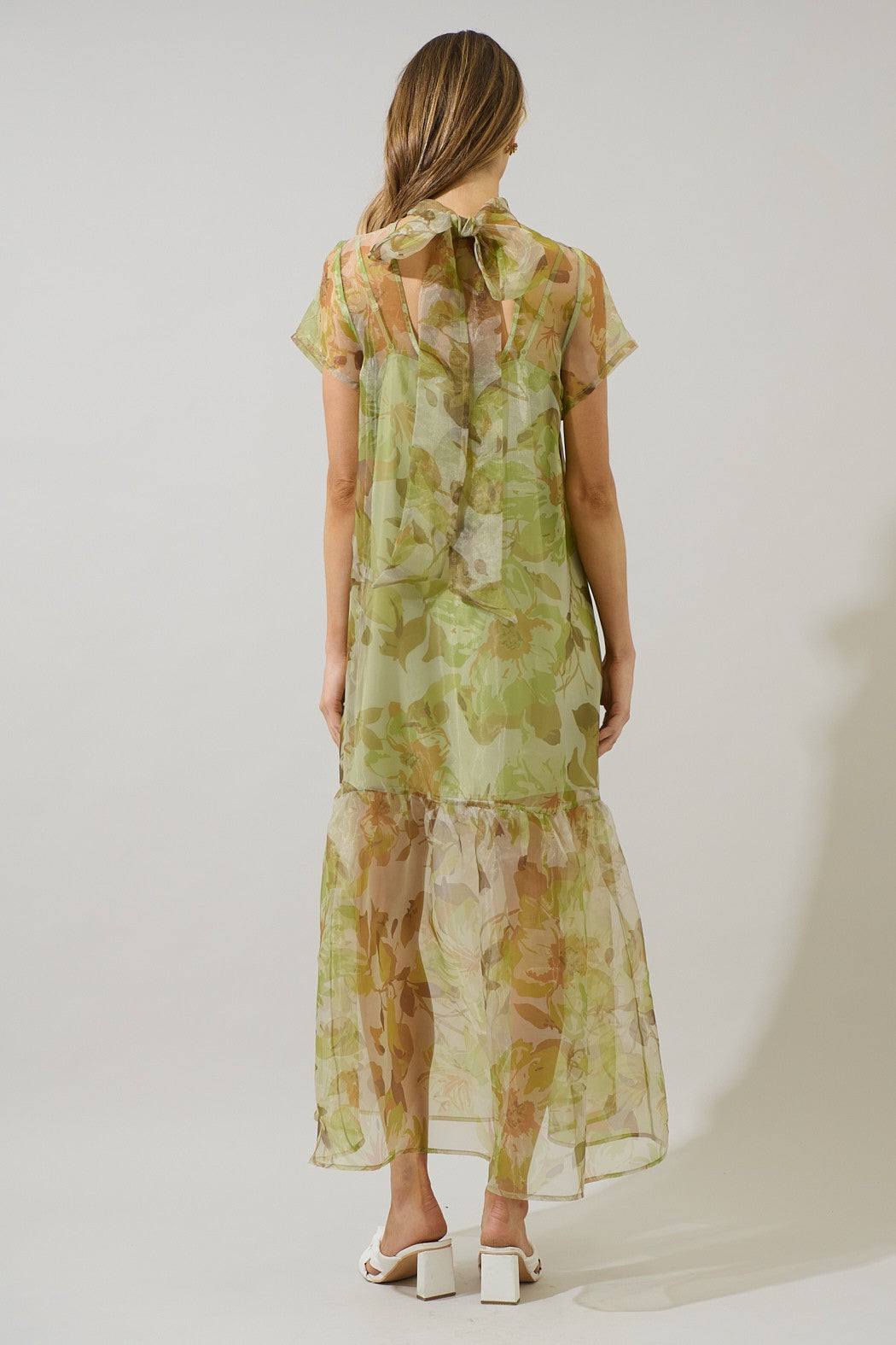 Green Botanical Sheer Overlay Maxi Dress