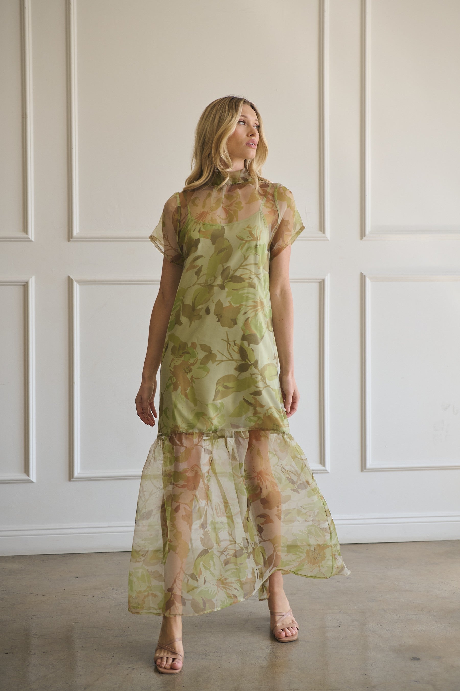 Green Botanical Sheer Overlay Maxi Dress Green Botanical Sheer Overlay Maxi Dress