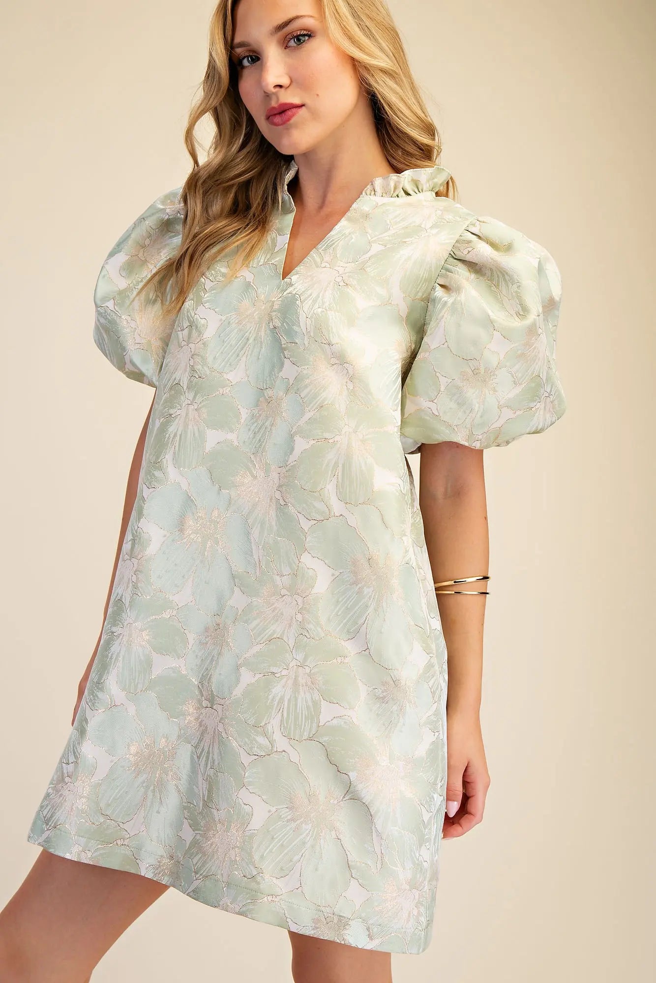 Sage Green Floral Ruffle V-Neck Mini Dress