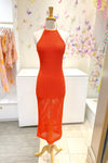 Orange Halter Open Knit Midi Dress - Shop Vacation Dresses At Kendry Collection Boutique