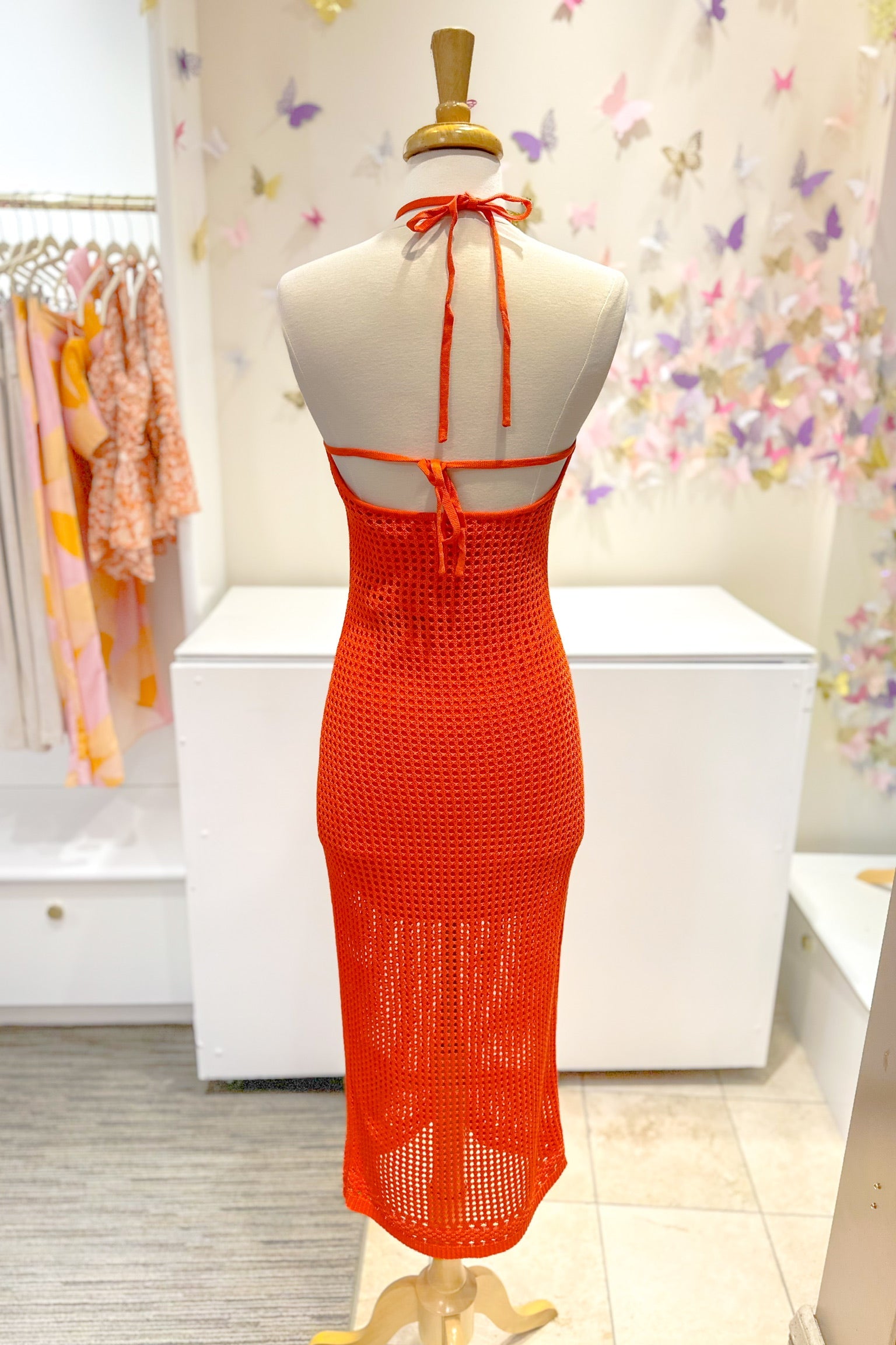 Orange Halter Open Knit Midi Dress - Kendry Collection Boutique Orange Halter Open Knit Midi Dress - Kendry Collection Boutique