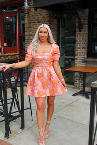 Orange Floral Dress - Jacquard Mini Dress - Puff Sleeve Dress - Kentucky Derby Dress - Kendry Boutique