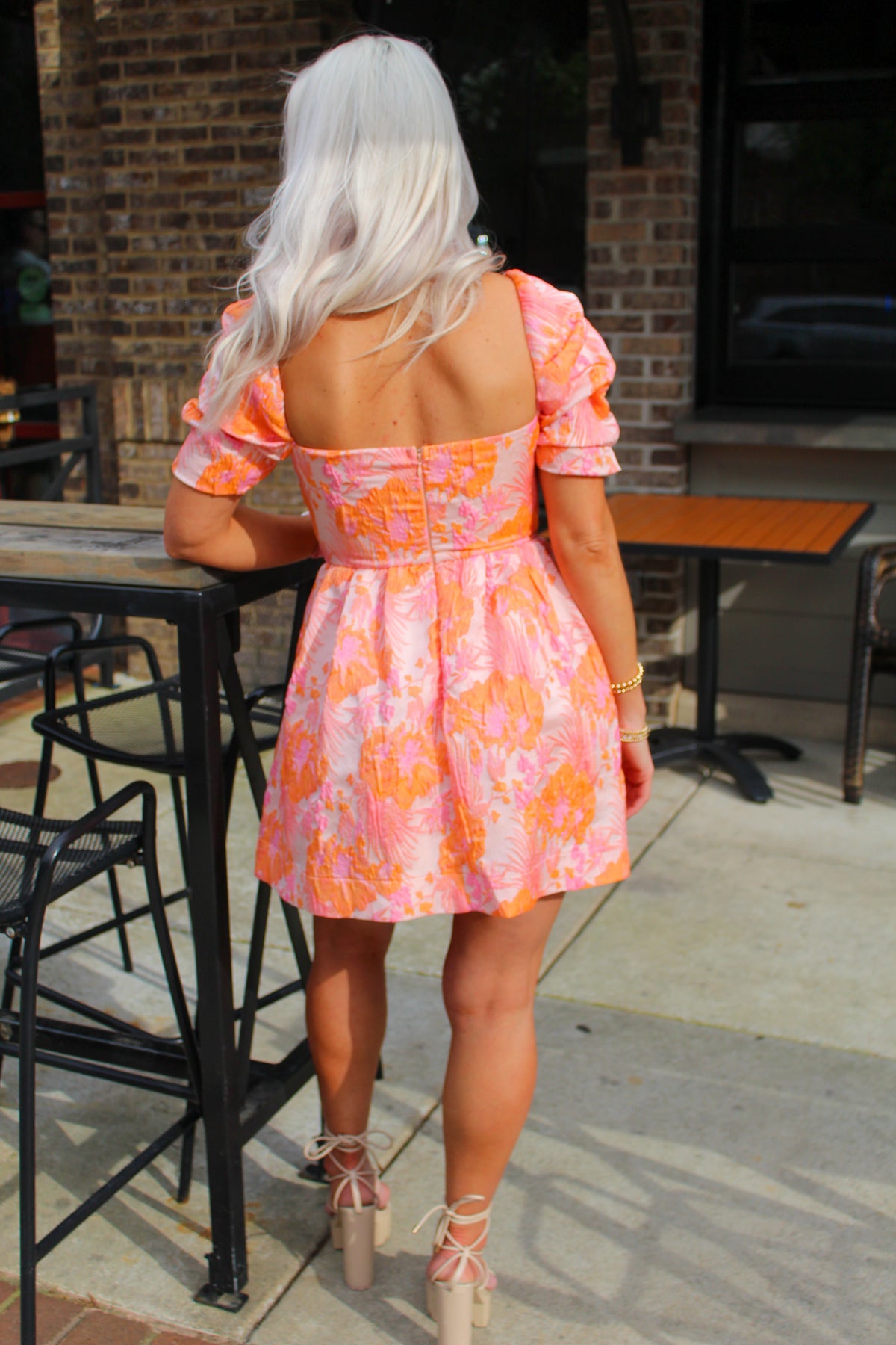 Orange Floral Dress - Jacquard Mini Dress - Puff Sleeve Dress - Kentucky Derby Dress - Kendry Boutique