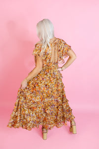 Orange Multicolor Floral Ruffle Midi Dress