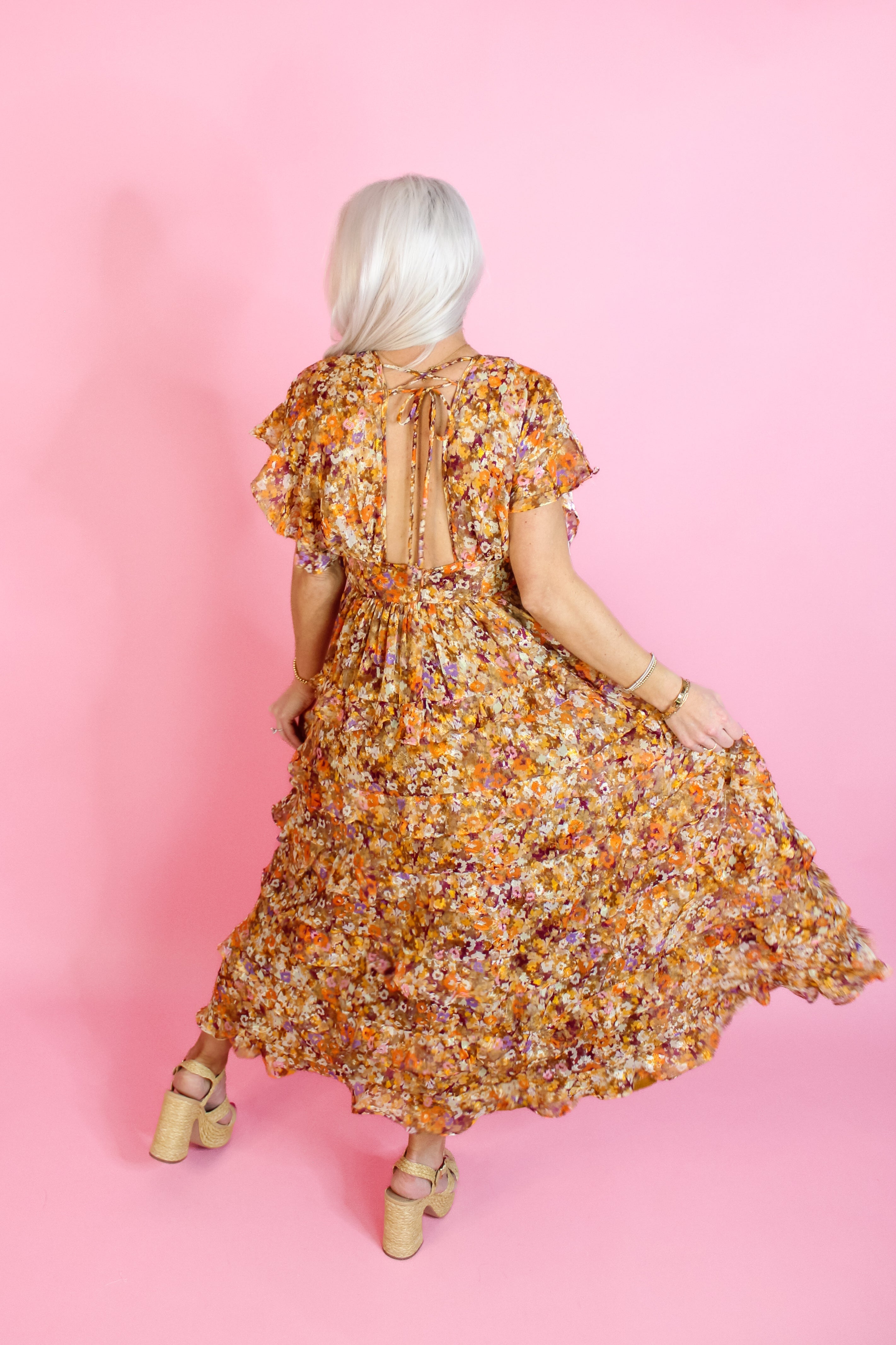 Orange Multicolor Floral Ruffle Midi Dress Kendry Collection Boutique