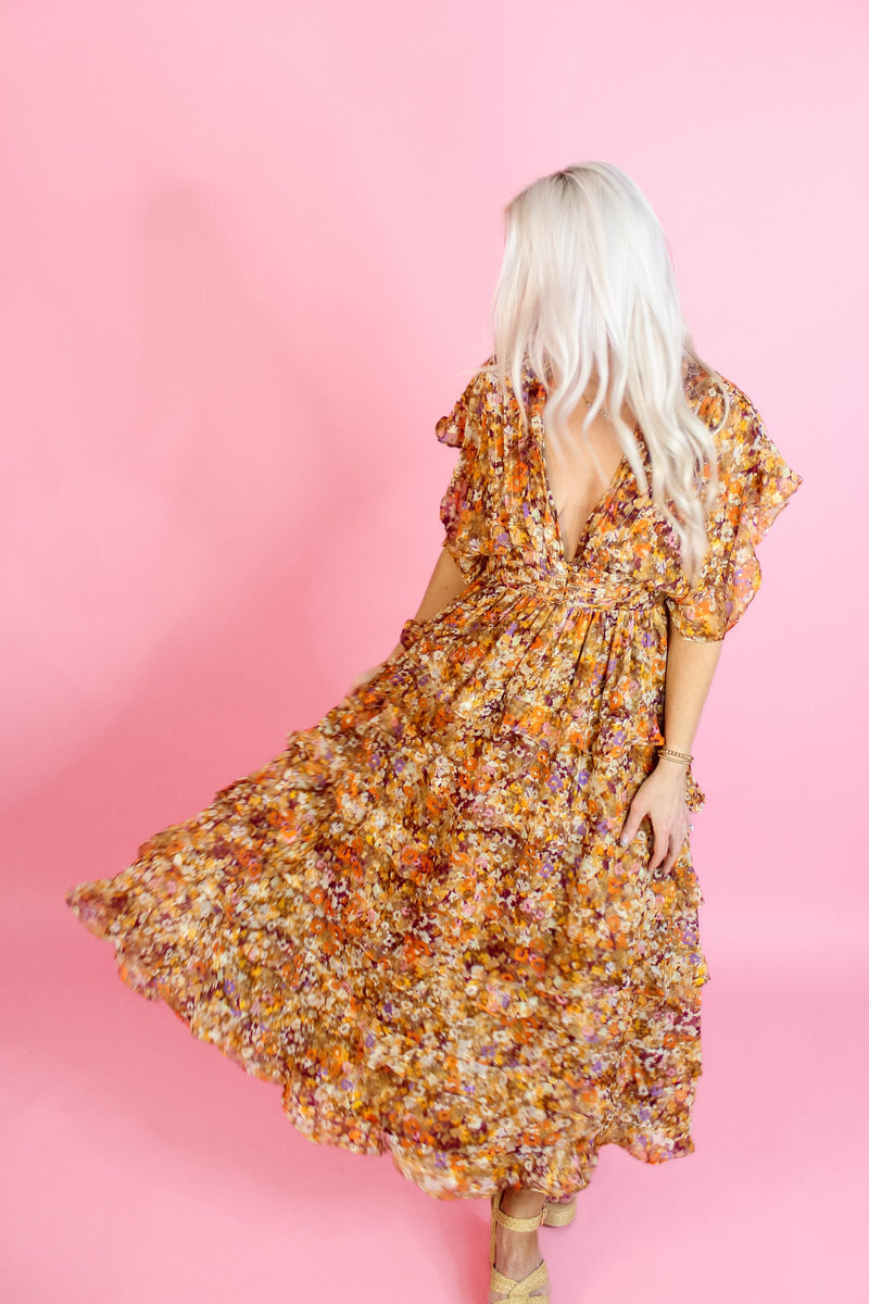 Orange Multicolor Floral Ruffle Midi Dress - kendry Collection Boutique Garden Party