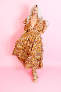 Orange Multicolor Floral Ruffle Midi Dress - kendry Collection Boutique Garden Party