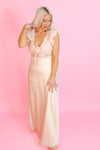 Peach Satin Maxi Dress With Rose Detail - Kendry Boutique