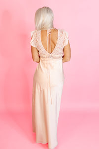 Peach Satin Maxi Dress With Rose Detail - Kendry Boutique